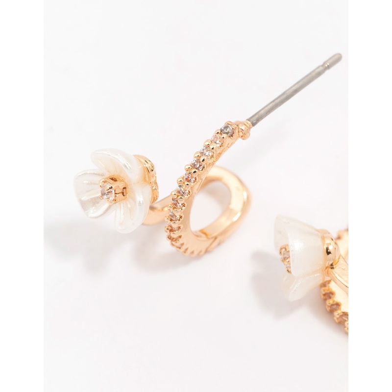 Gold Cubic Zirconia Flower Double Hoop Earrings