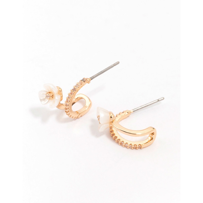 Gold Cubic Zirconia Flower Double Hoop Earrings