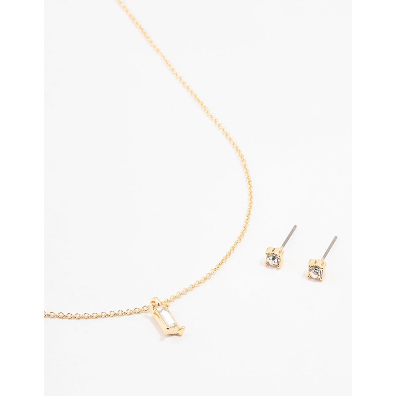 Gold Plated Baguette Necklace & Stud Earrings Set