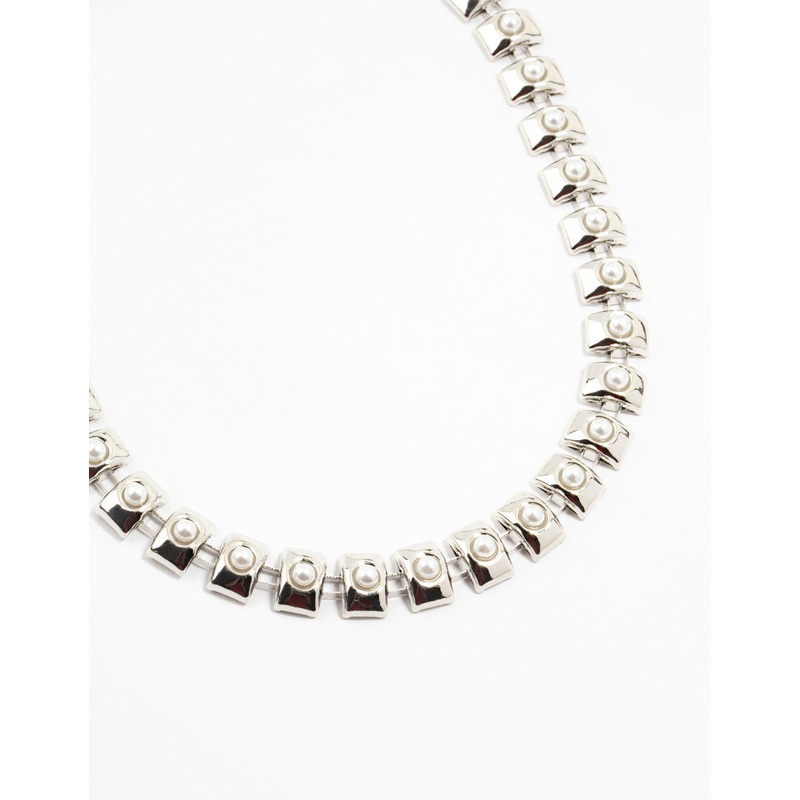 Large Silver Pearl Chain Short Necklace