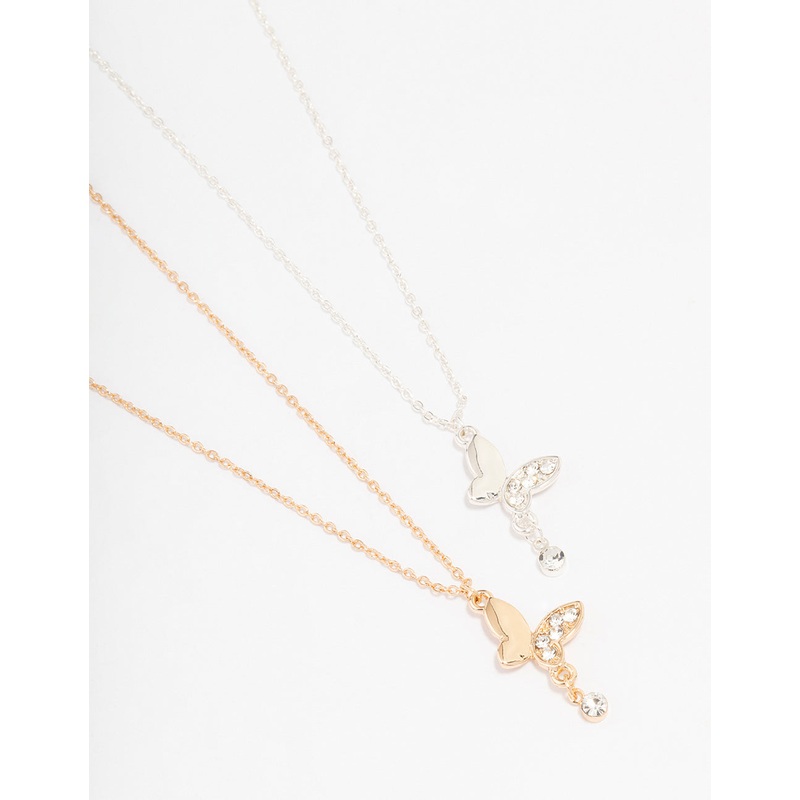 Mixed Metal Butterfly Diamante Necklace Pack