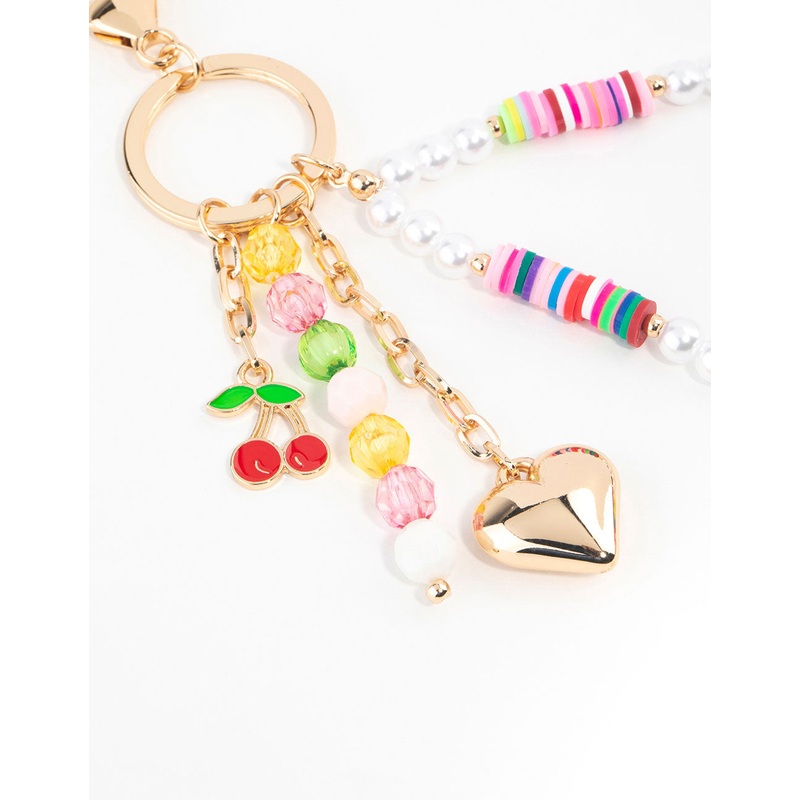 Multicoloured  Beaded Heart & Cherry Keychain