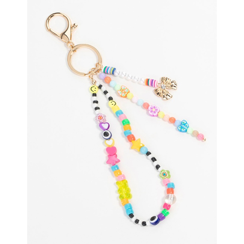 Rainbow Beaded & Gold Bow Keychain