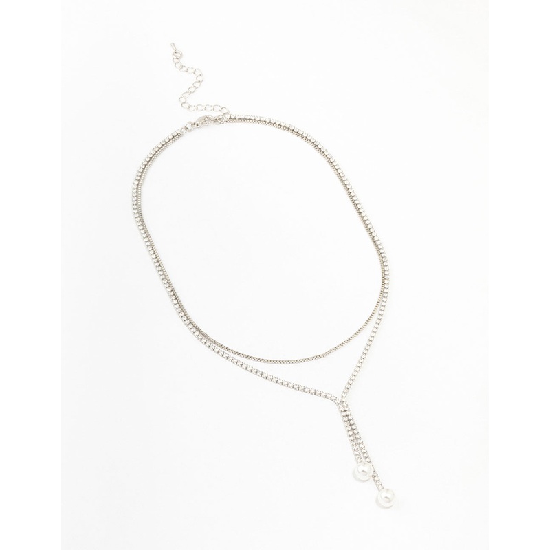 Silver Cubic Zirconia Double Row Pearl Pendant Necklace