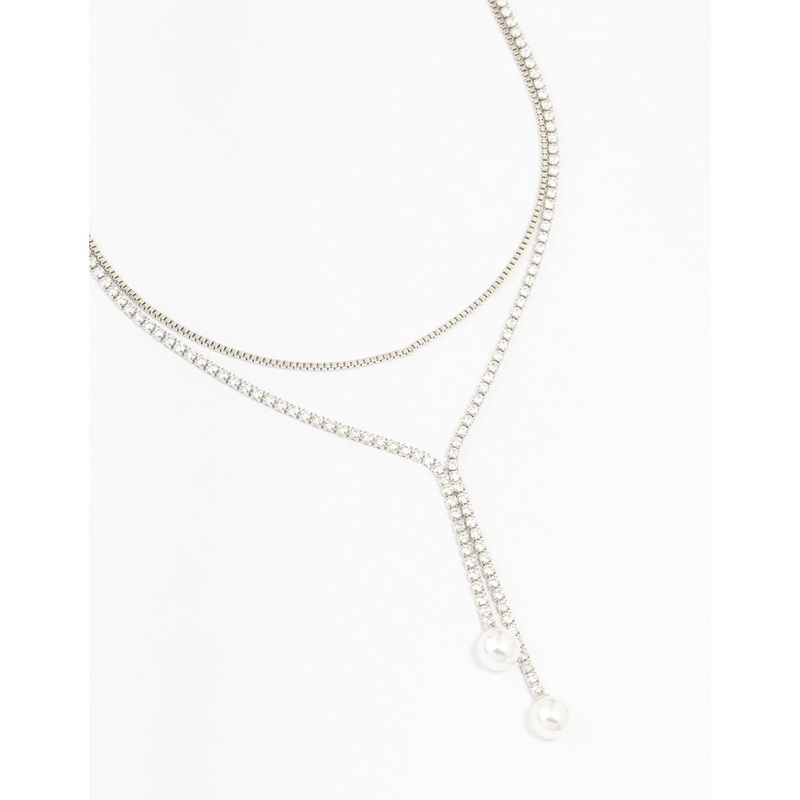 Silver Cubic Zirconia Double Row Pearl Pendant Necklace