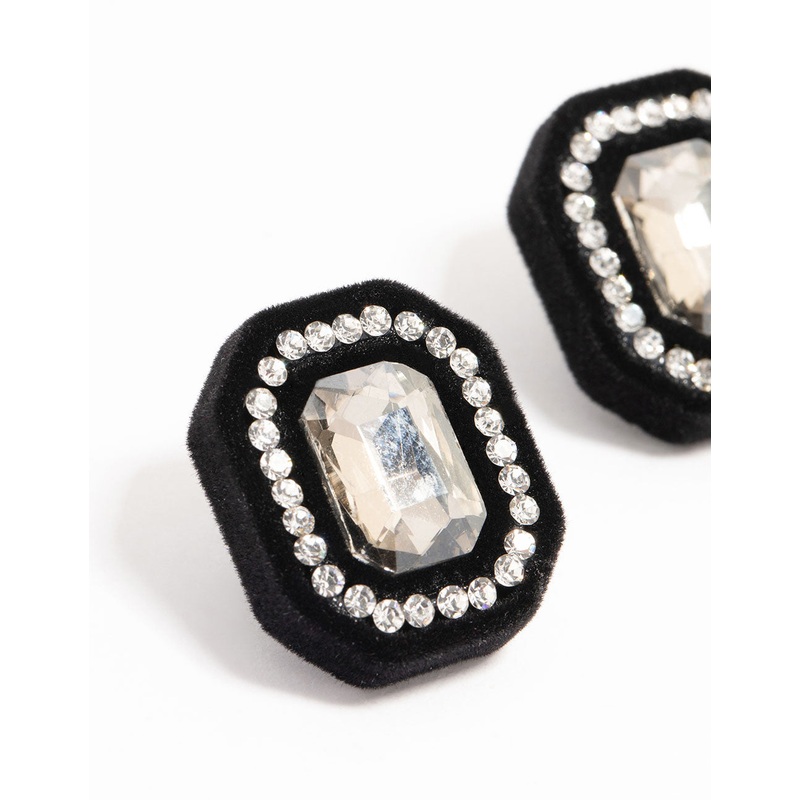 Black Velvet Fabric Diamante Stud Earrings
