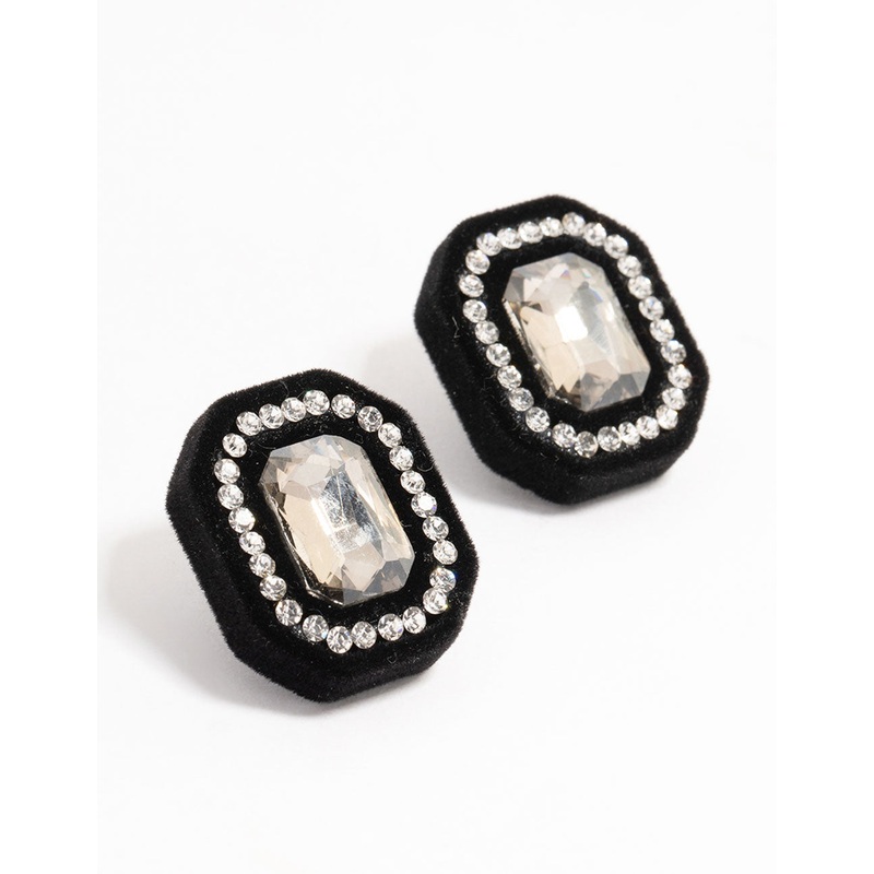 Black Velvet Fabric Diamante Stud Earrings