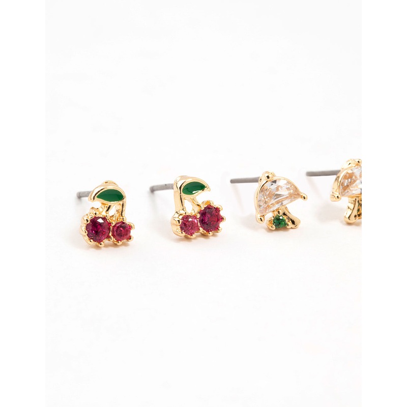 Gold Cubic Zirconia Mixed Fruit Stud Earrings 3-Pack