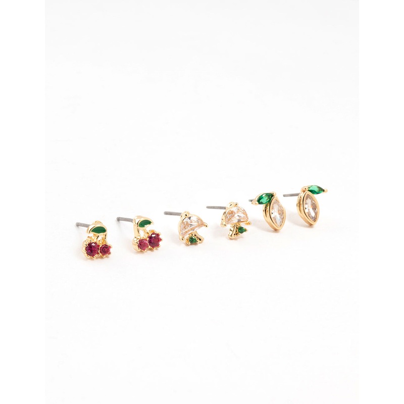 Gold Cubic Zirconia Mixed Fruit Stud Earrings 3-Pack