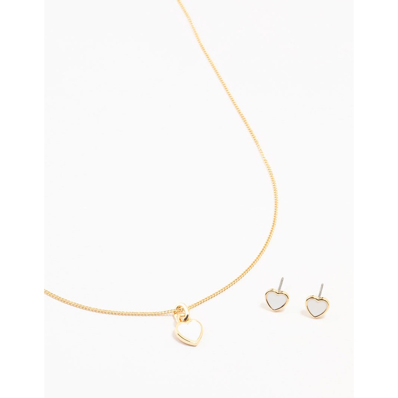 Gold Enamel Heart Necklace & Earrings Set