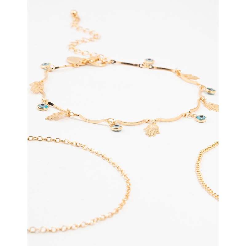 Gold Evil Eye & Hamsa Hand Anklets 3-Pack