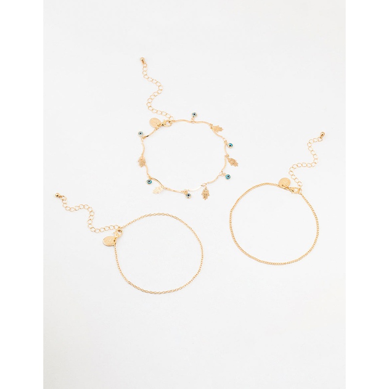 Gold Evil Eye & Hamsa Hand Anklets 3-Pack