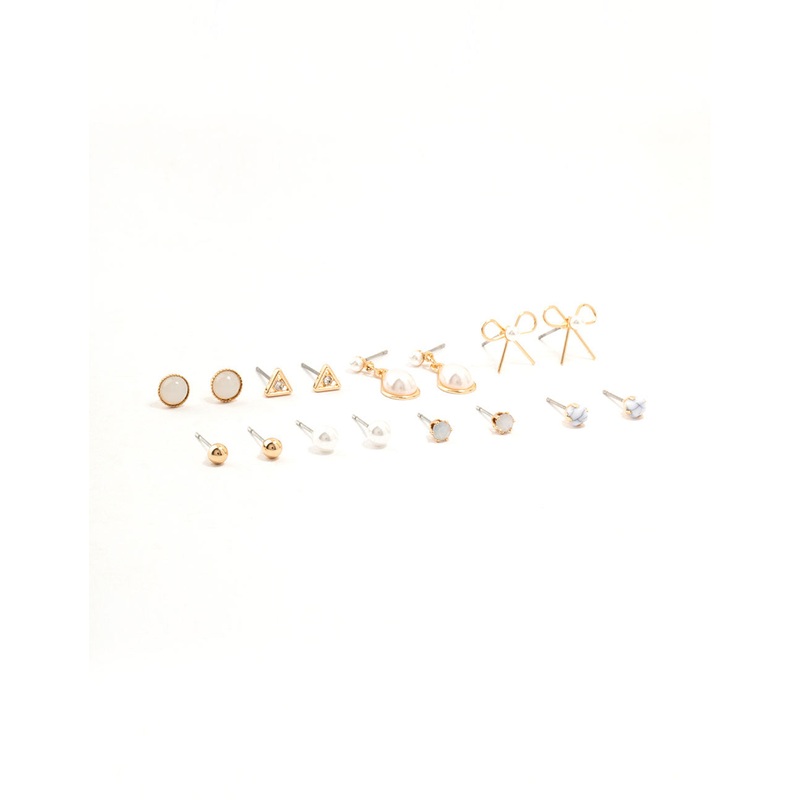 Gold Marbled Pearl & Bow Earrings 8-Pack