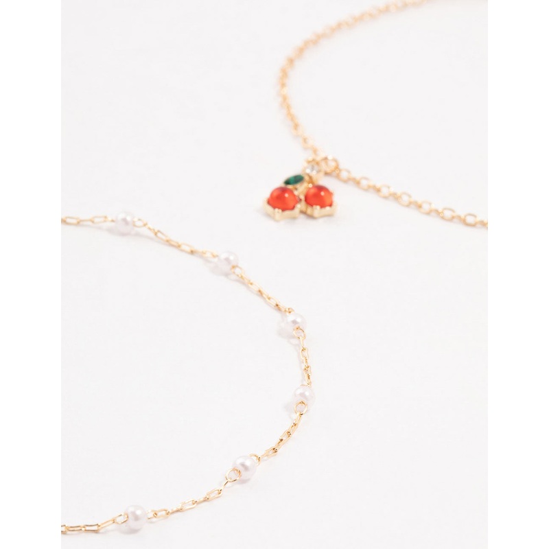 Gold Pearl & Cherry Anklets 3-Pack