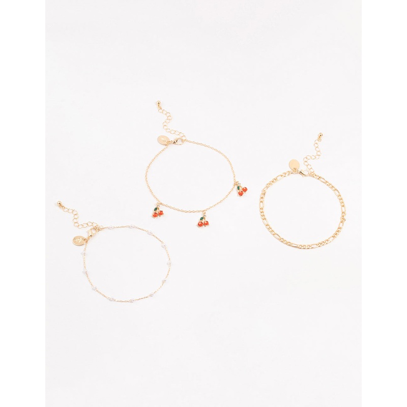 Gold Pearl & Cherry Anklets 3-Pack