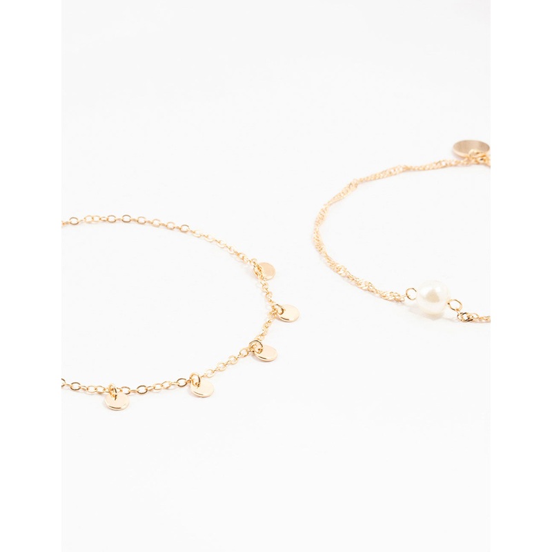 Gold Pearl Disc Pendant Anklets 2-Pack