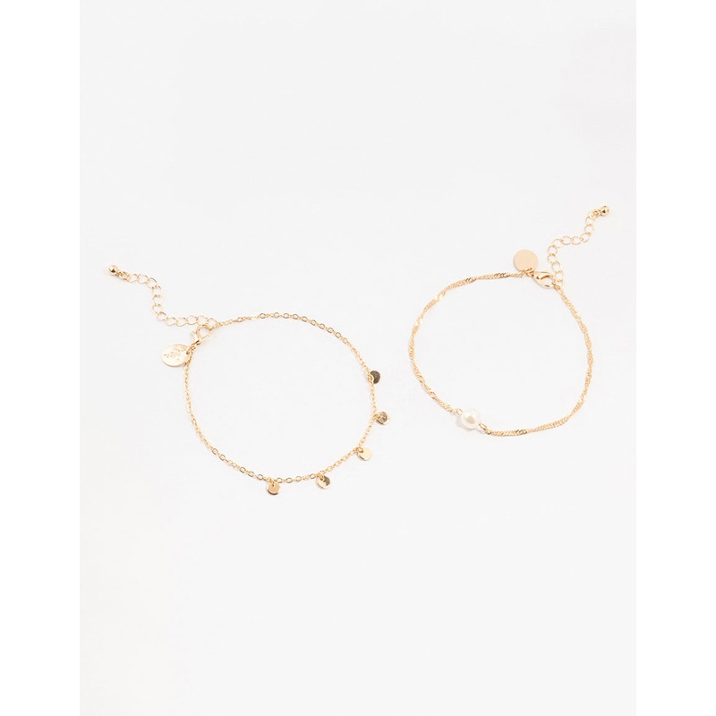 Gold Pearl Disc Pendant Anklets 2-Pack
