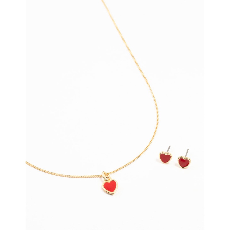 Red Enamel Heart Gold Necklace & Earrings Set