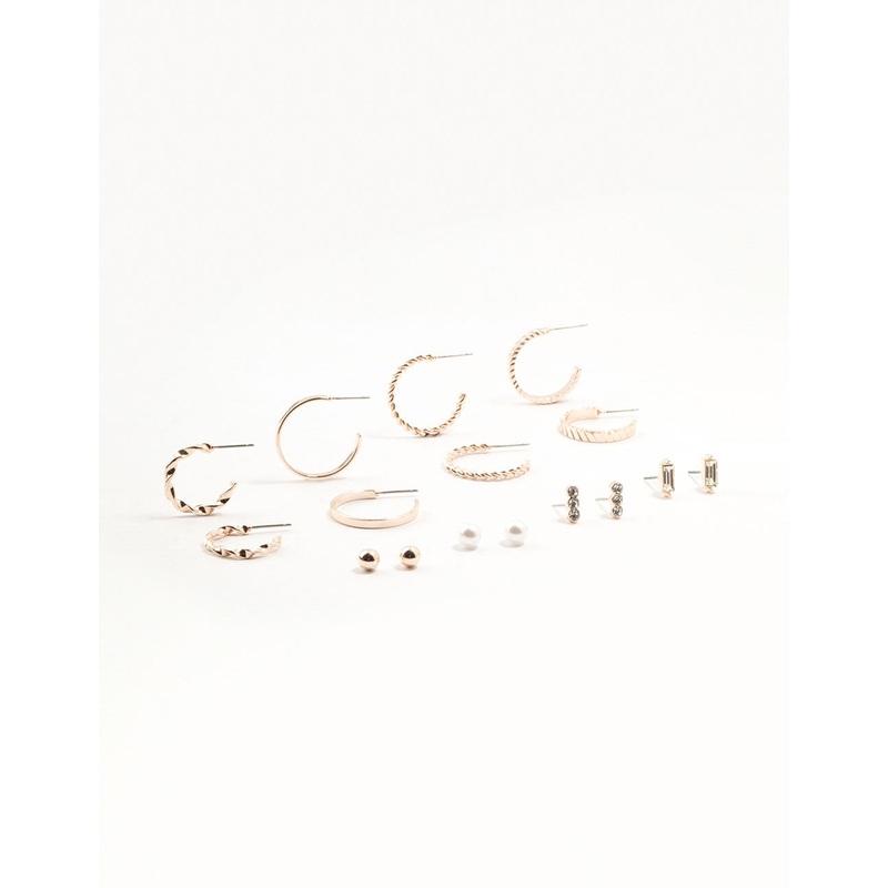 Rose Gold Diamante Pearl Hoop Earrings 8-Pack