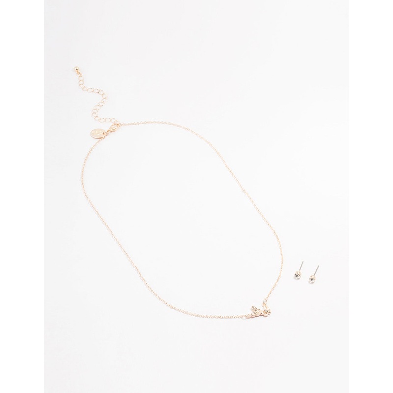 Rose Gold Double Butterfly Necklace & Stud Earrings Pack