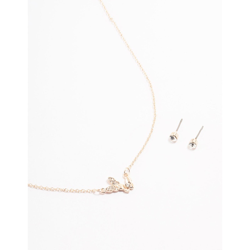 Rose Gold Double Butterfly Necklace & Stud Earrings Pack