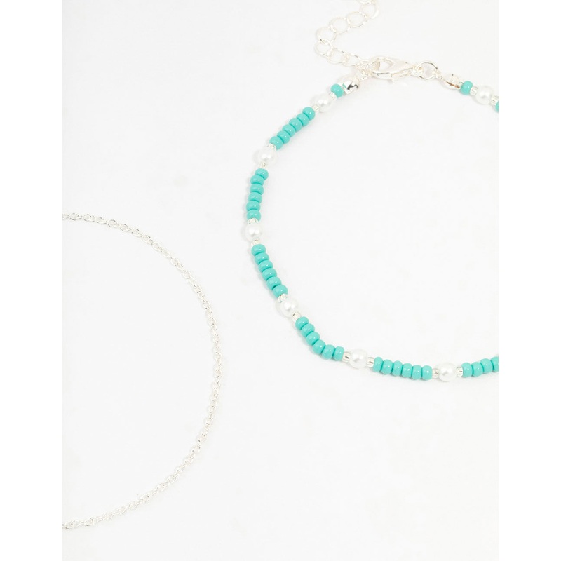 Silver Pearl Beaded Anklets 2-Pack