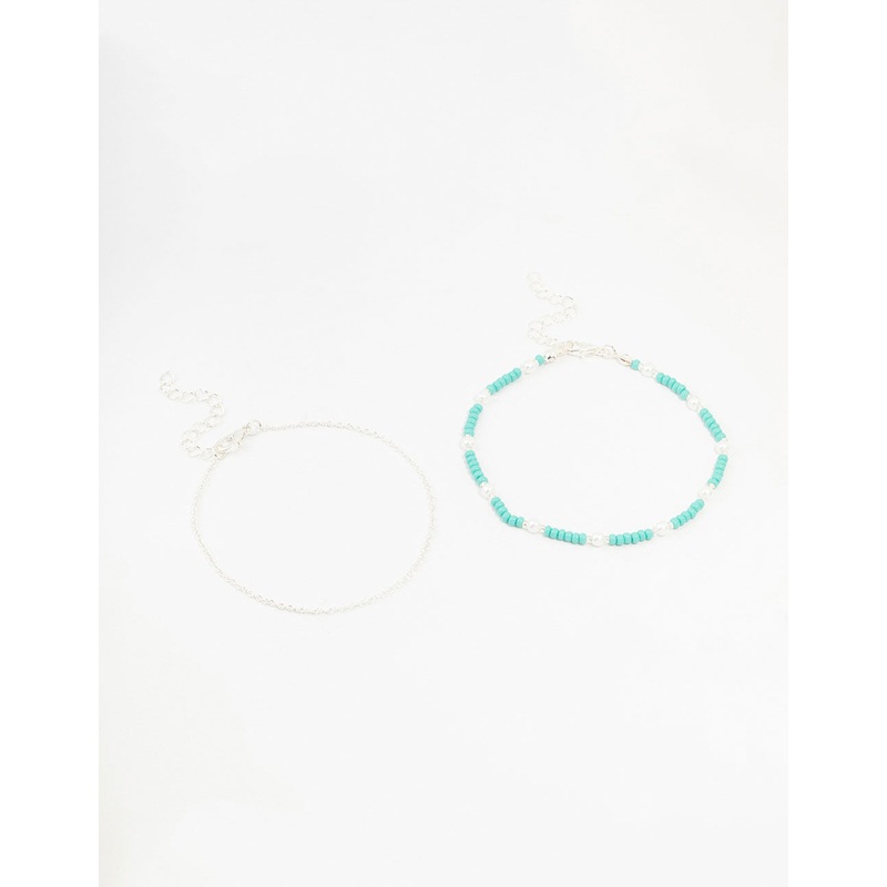 Silver Pearl Beaded Anklets 2-Pack