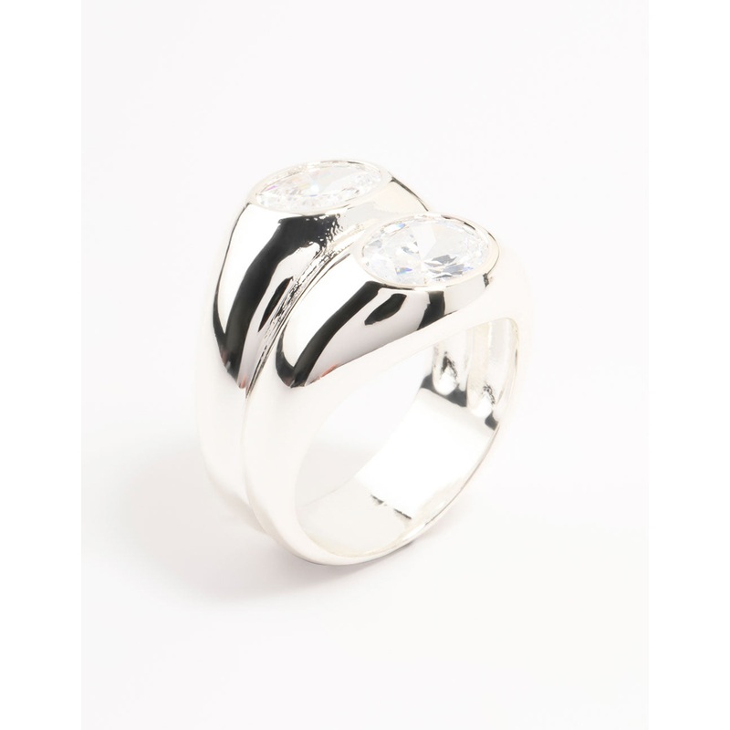 Silver Plated Oval Cubic Zirconia Puffy Stacking Ring