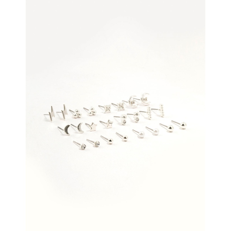 Silver Star & Moon Stud Earrings 12-Pack