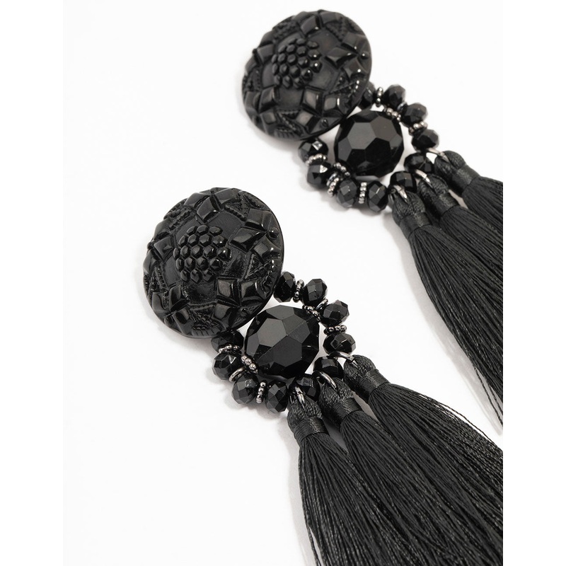 Black Tassel Fabric Large Drop Earrings