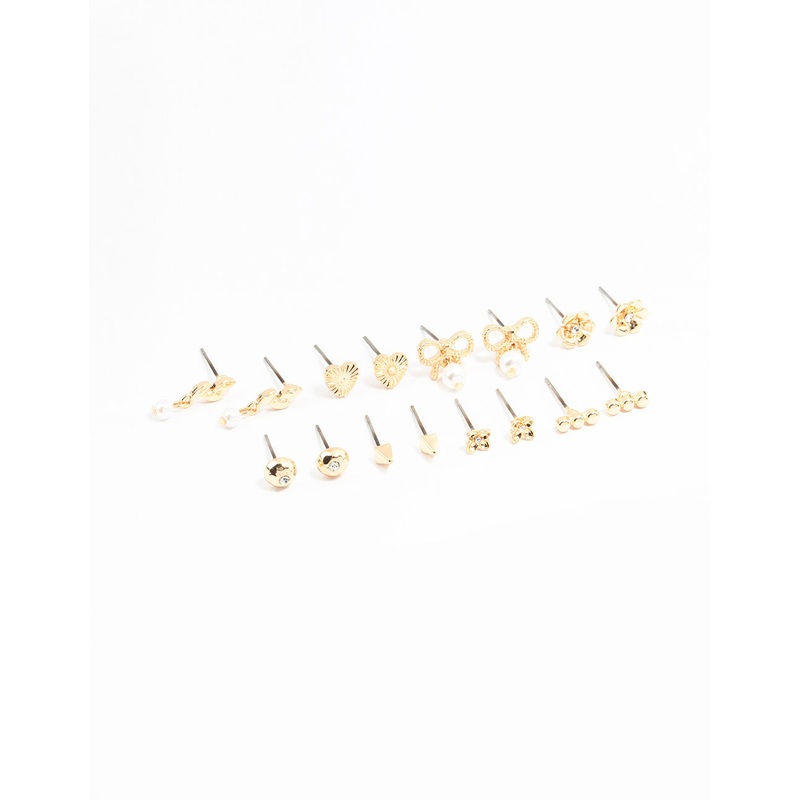 Gold Bow & Pearl Stud Earrings 8-Pack