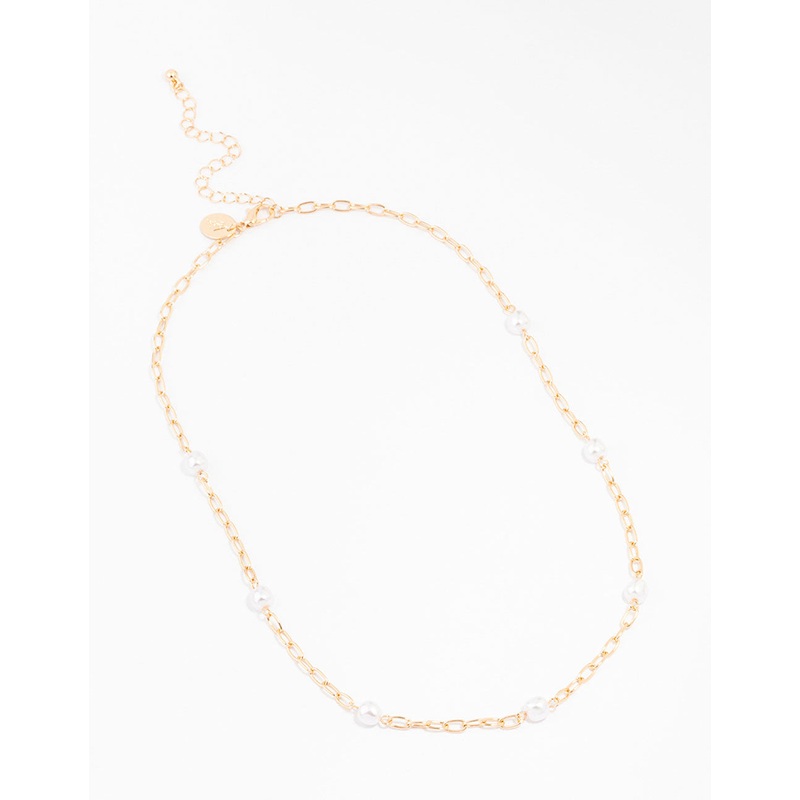Gold Chain Pearl Station Necklace