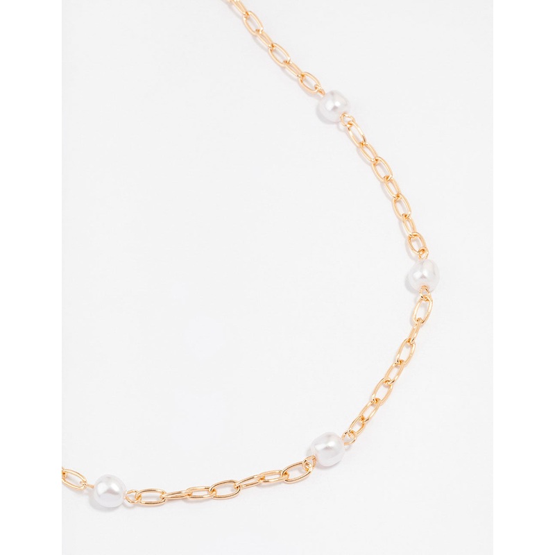 Gold Chain Pearl Station Necklace