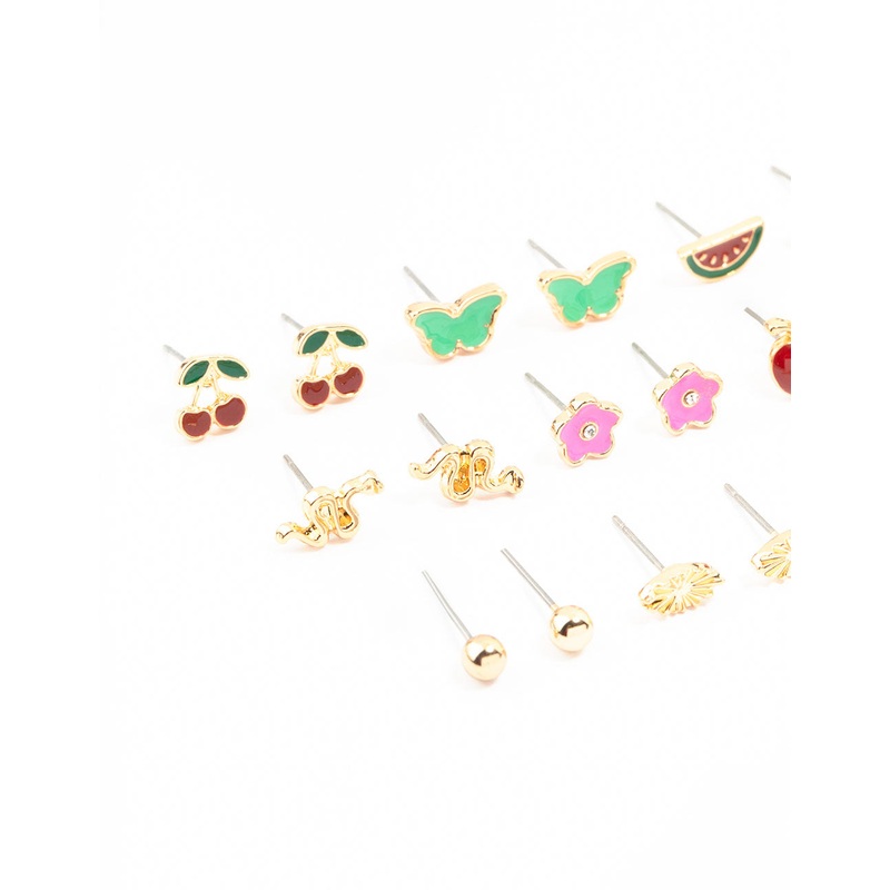 Gold Cherry & Boot Stud Earrings Pack 12-Pack