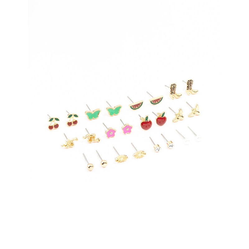 Gold Cherry & Boot Stud Earrings Pack 12-Pack