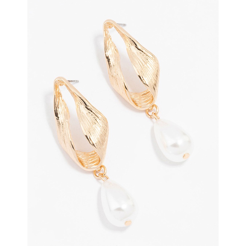 Gold Oval Pearl Drop Earrings