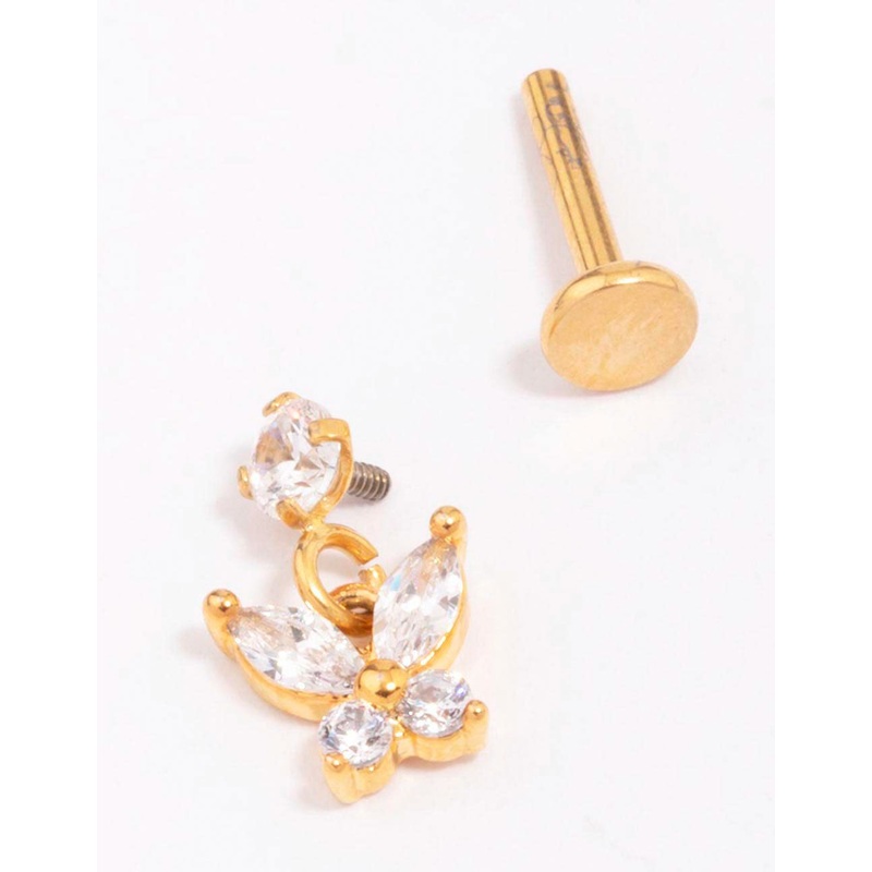 Gold Plated Titanium Cubic Zirconia Butterfly Drop Earring