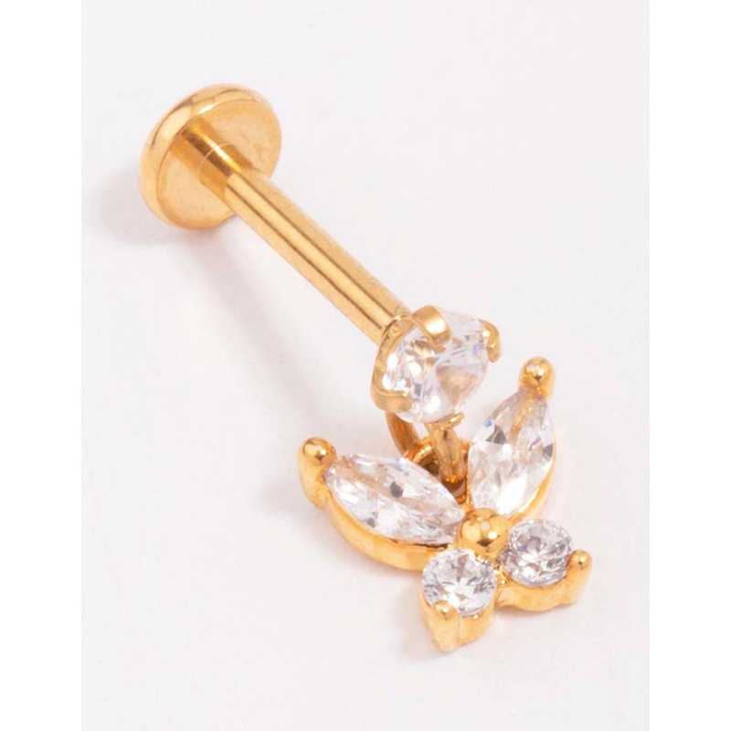 Gold Plated Titanium Cubic Zirconia Butterfly Drop Earring