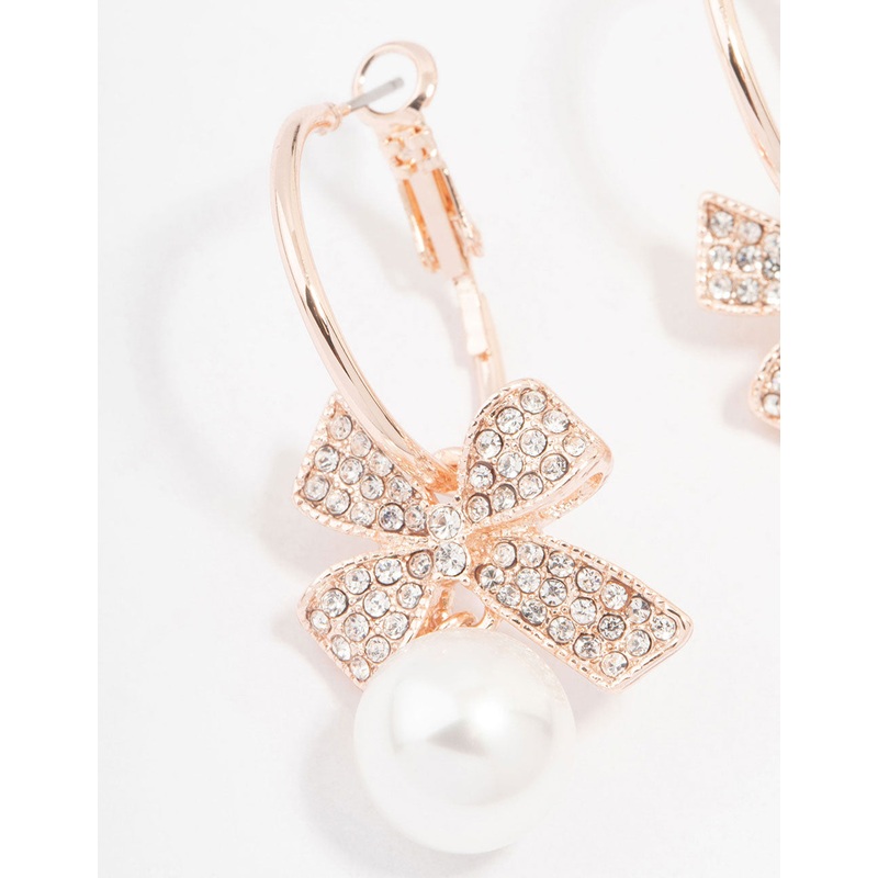 Rose Gold Bow & Pearl Drop Hoop Earrings
