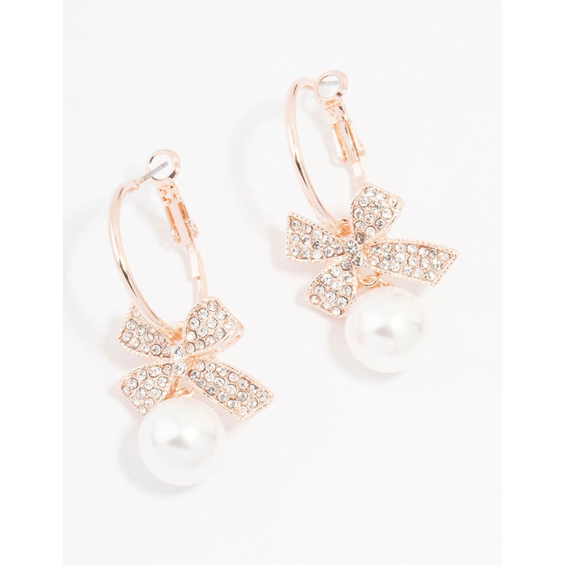 Rose Gold Bow & Pearl Drop Hoop Earrings