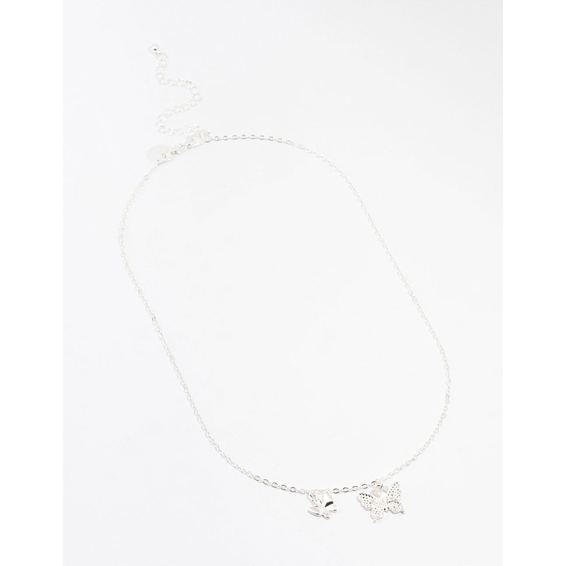 Silver Double Diamante Butterfly Necklace