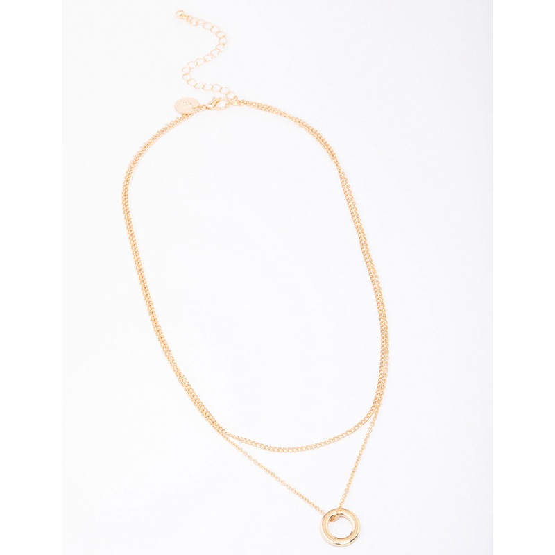 Gold Double Chain Circle Pendant Layered Necklace