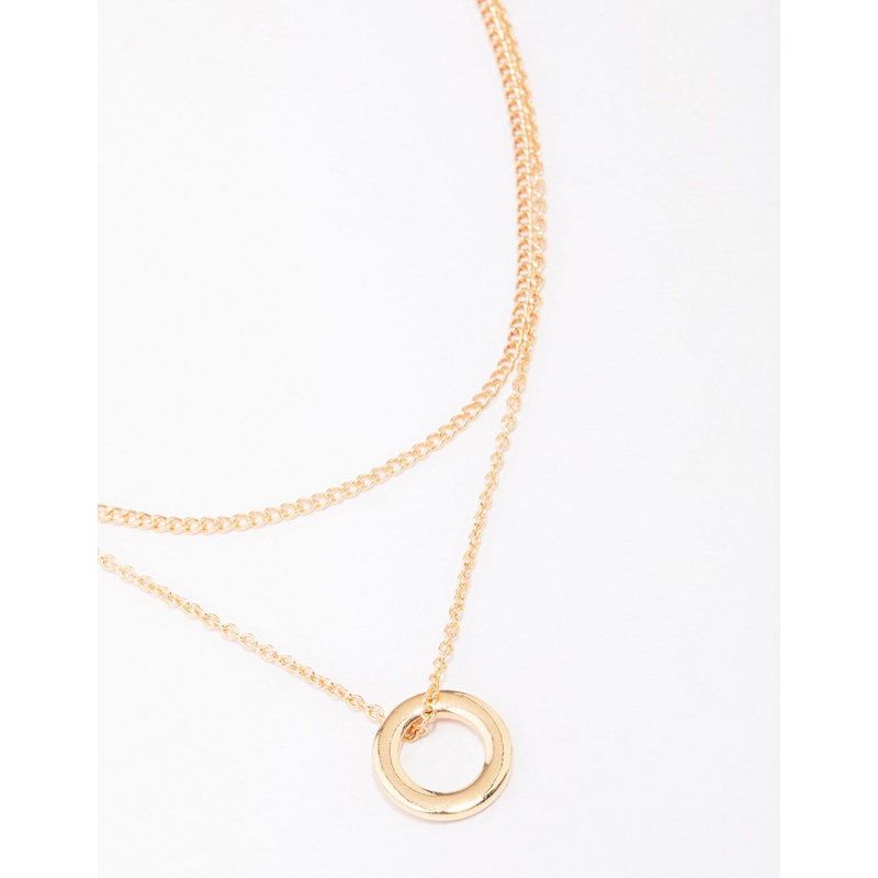 Gold Double Chain Circle Pendant Layered Necklace