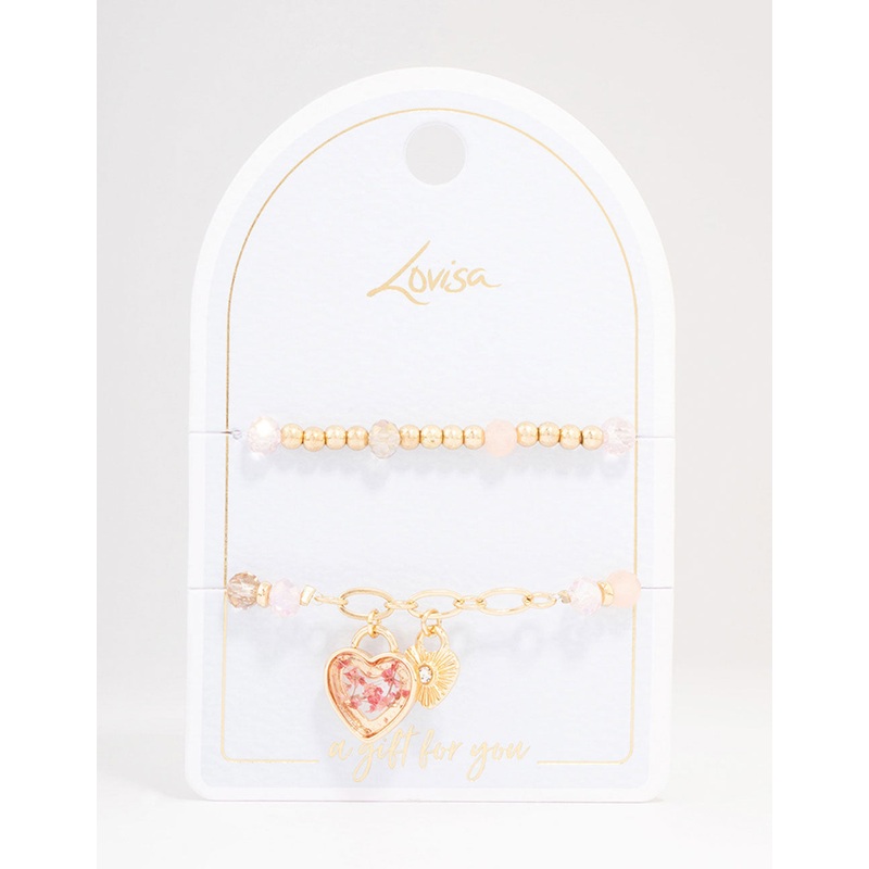 Gold Heart Charm Beaded Bracelet