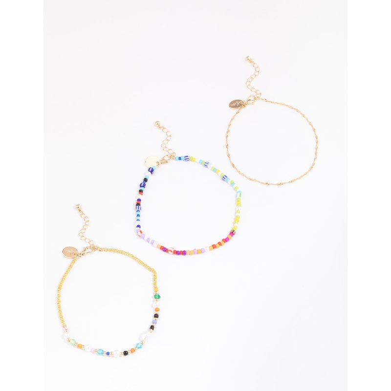 Gold Mixed Beaded & Pearl Anklet 3-Pack