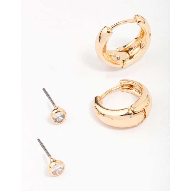 Gold Mixed Simple Stud & Hoop Earring 3-Pack