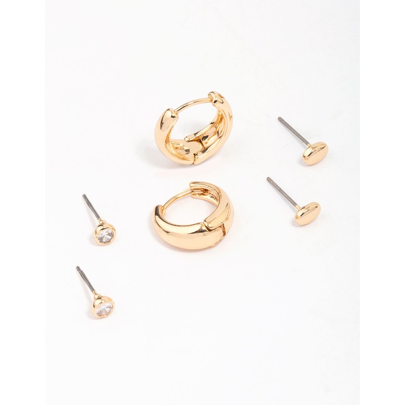 Gold Mixed Simple Stud & Hoop Earring 3-Pack