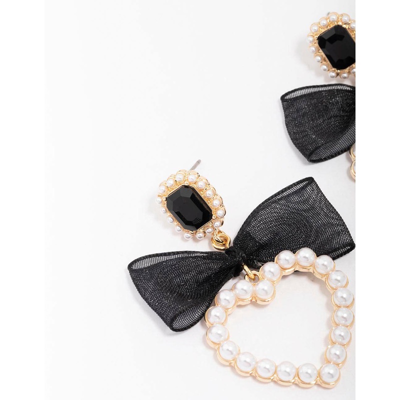 Gold Pearl Bow Heart Drop Earrings
