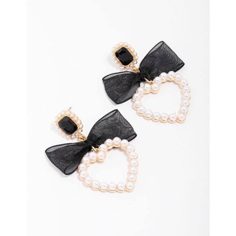 Gold Pearl Bow Heart Drop Earrings