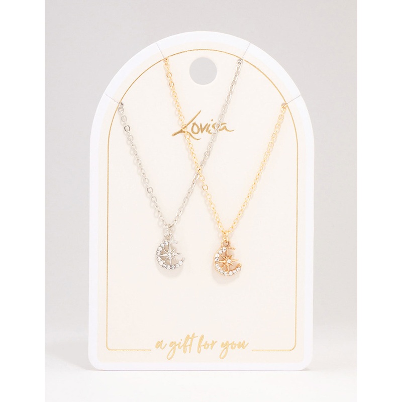 Gold & Silver Half Moon Diamante Pendant Necklace Pack